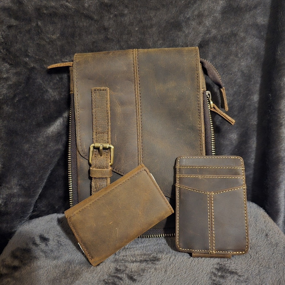 Mens Brown Leather Shoulder Belt Bag Combo NWOT